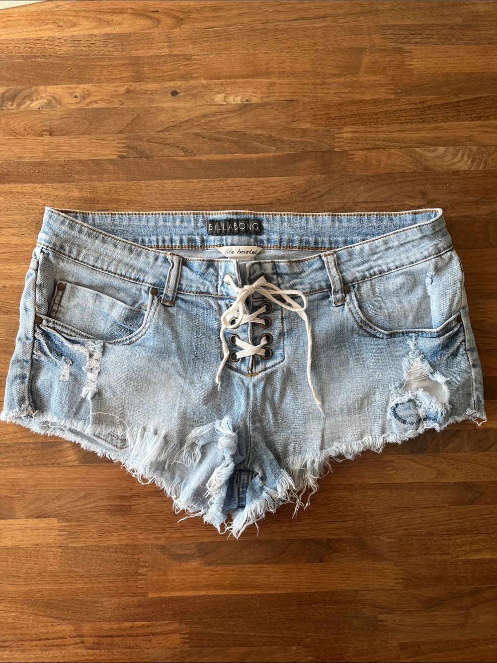 Billabong Lace-Up Distressed Denim Shorts - Light Blue